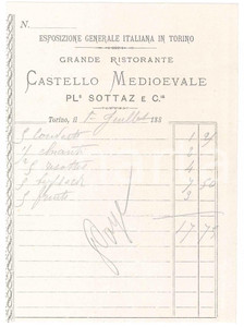 Documento originale, autentico 1884 TORINO Esposizione Generale Italiana  Ristorante Castello Medioevale CONTO 1