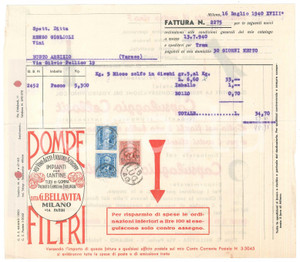 Documento originale, autentico 1940 MILANO Via Parini  Ditta G. BELLAVITA  Pompe e impianti cantine  Fattura 1