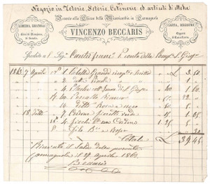 Documento originale, autentico 1863 CARMAGNOLA TO Vincenzo BECCARIS  Libreria, Cancelleria, Telerie Fattura 1
