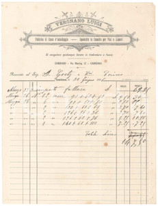 Documento originale, autentico 1896 CAMBIANO TO Luigi VERGNANO Casse da imballaggio  Cassette vini Fattura 1
