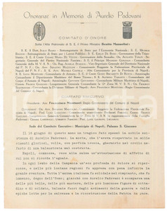 Documento originale, autentico 1926 NAPOLI Onoranze in memoria di Aurelio PADOVANI  Lettera INCOMPLETA 1