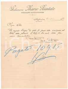 Documento originale, autentico 1911 ALESSANDRIA Salumeria Marco PIANTATO  SpecialitÃ  gastronomiche Lettera 1