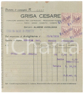 Documento originale, autentico 1930 AVIGLIANA Cesare GRISA  Forniture costruzioni  Bolletta ovoli Belgio 1
