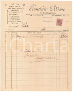 Documento originale, autentico 1910 ca ALESSANDRIA Umberto ODDONE Biancherie  Maglierie Fattura 1