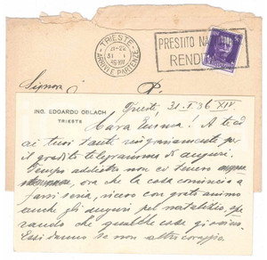 Documento originale, autentico 1936 TRIESTE Ing. Edoardo OBLACH Biglietto autografo con busta 12x8 cm 1