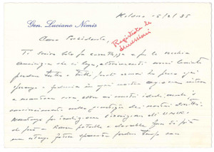 Autografo originale 1985 MILANO Gen. Luciano NIMIS  Dimissioni  Biglietto AUTOGRAFO 1