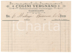 Documento originale, autentico 1890 ca CAMBIANO TO Cugini VERGNANO Casse da imballaggio  Carta intestata 1
