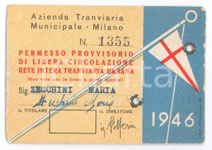 Documento originale, autentico 1946 ATM MILANO Permesso provvisorio di libera circolazione Con foto 1