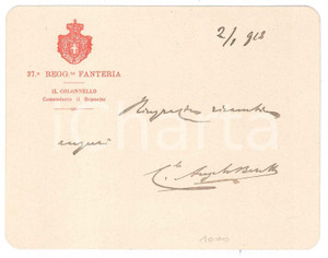 Autografo originale 1918 WW1 37 Â°Regg. Fanteria  Comandante Angelo BERETTA Biglietto AUTOGRAFO 1