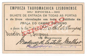 Oggetto da collezione cartaceo 1911 LISBOA Campo Pequeno  Empreza Tauromachica Lisbonense  Bilhete entrada 1