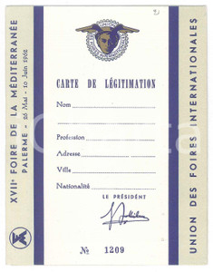 Oggetto da collezione cartaceo 1962 PALERMO XVIIe Foire de la MÃ©diterranÃ©e  Carte de lÃ©gitimation 1