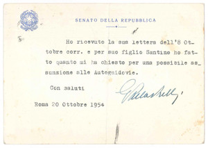 Autografo originale 1954 ROMA Senato della Repubblica  Giovanni PALLASTRELLI  AUTOGRAFO 1
