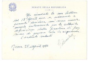Autografo originale 1956 ROMA Biglietto sen. Giovanni PALLASTRELLI  AUTOGRAFO 1