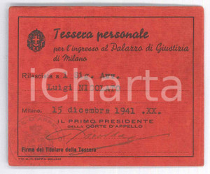 Oggetto da collezione cartaceo 1941 MILANO Palazzo di Giustizia  Tessera ingresso avv. Luigi NICOLATO 1