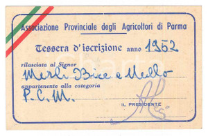 Oggetto da collezione cartaceo 1952 PARMA Associazione Provinciale Agricoltori  Tessera socio 1