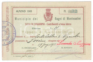 Oggetto da collezione cartaceo 1911 MONTECATINI TERME Tessera di riconoscimento per tassa di soggiorno 1