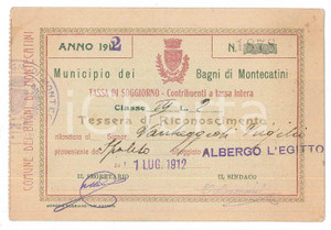 Oggetto da collezione cartaceo 1912 MONTECATINI TERME Tessera di riconoscimento per tassa di soggiorno 1