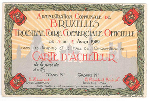 Oggetto da collezione cartaceo 1922 BRUXELLES TroisiÃ¨me Foire Commerciale Officielle  Carte d acheteur 1