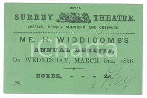 Oggetto da collezione cartaceo 1856 LONDON Royal Surrey Theatre  Mr. H. WIDDICOMB S Annual benefit Card 1