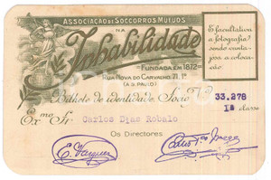 Oggetto da collezione cartaceo 1928 S. PAULO BRAZIL AssociaÃ§ao Soccorros Mutuos na Inhabilidade  Bilhete socio 1