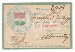 Oggetto da collezione cartaceo 1920 ca ARGENTINA Asociacion PROGENIE D ITALIA  Tessera socio 1