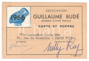 Oggetto da collezione cartaceo 1966 PARIS Association GUILLAUME BUDE   Carte de membre 1
