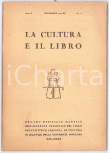 Giornale, rivista storica 1933 MILANO  LA CULTURA E IL LIBRO  Discorso 14 Novembre  Manzoni giurista 1
