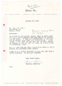 Documento originale, autentico 1952 NEWARK NJ STORES Inc.  Letter about poultry shears by CO.RI.CA.MA. 1