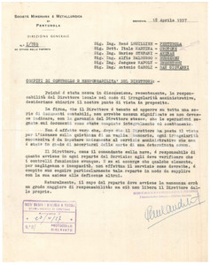 Documento originale, autentico 1957 GENOVA SocietÃ  Mineraria di PERTUSOLA  Compiti direttore  Lettera 1