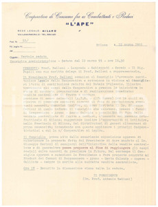 Documento originale, autentico 1955 MILANO Cooperativa Consumo Ex Combattenti e Reduci L APE  Verbale 1