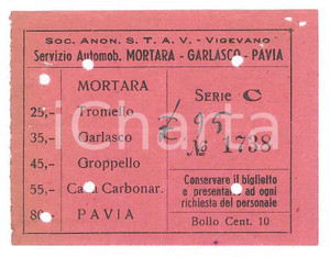 Oggetto da collezione cartaceo 1950 ca VIGEVANO SocietÃ  trasporti STAV Biglietto MORTARA  GARLASCO  PAVIA 1