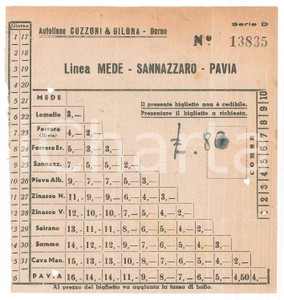 Oggetto da collezione cartaceo 1960 ca DORNO Autolinee CUZZONI & GILONA Linea MEDESANNAZZAROPAVIA Biglietto 4 1