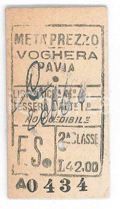 Oggetto da collezione cartaceo 1950 ca FERROVIE DELLO STATO Biglietto metÃ  prezzo VOGHERA  PAVIA 3x5 cm 1