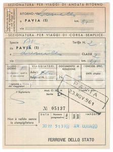 Oggetto da collezione cartaceo 1950 ca FERROVIE DELLO STATO Biglietto A/R LOMELLO  PAVIA 11x15 cm 1