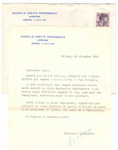 Autografo originale 1963 MILANO Francesco CARNELUTTI  Auguri di Natale a un collega  AUTOGRAFO 1