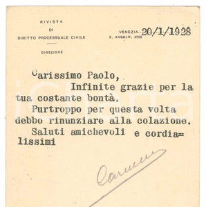 Autografo originale 1928 VENEZIA Cartolina Francesco CARNELUTTI  Invito a colazione Autografo 1
