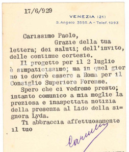 Autografo originale 1929 VENEZIA Francesco CARNELUTTI al Consiglio Superiore Forense AUTOGRAFO 1