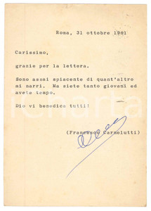 Autografo originale 1961 ROMA Cartolina Francesco CARNELUTTI a un giovane amico Autografo 1