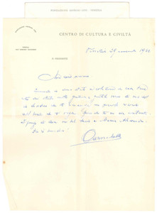 Autografo originale 1962 VENEZIA Lettera Francesco CARNELUTTI  Ringraziamento ospitalità AUTOGRAFO 1