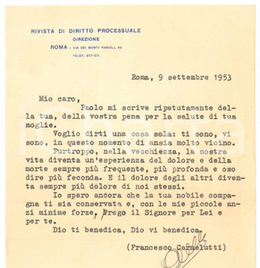 Autografo originale 1953 ROMA Lettera Francesco CARNELUTTI a un collega  AUTOGRAFO 1