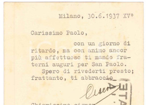 Autografo originale 1937 MILANO Cartolina Francesco CARNELUTTI per auguri AUTOGRAFO 1