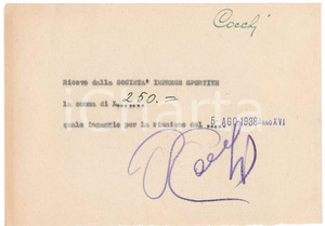 Autografo originale 1938 CICLISMO MILANO Ricevuta Giovanni COCCHI  Ingaggio corsa Autografo 1