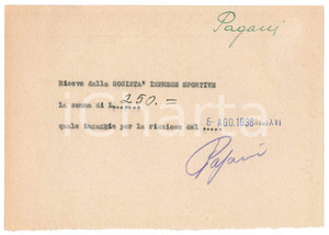 Autografo originale 1938 CICLISMO MILANO Ricevuta Antonio PAGANI  Ingaggio corsa Autografo 1