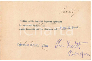 Autografo originale 1938 CICLISMO MILANO Ricevuta ingaggio Alfredo SCOTTI Autografo Adolfo BORDONI 1