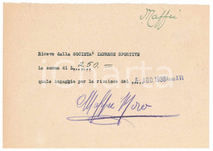 Autografo originale 1938 CICLISMO MILANO Ricevuta Italo CIPRESSI  Ingaggio riunione AUTOGRAFO 1