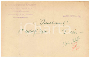 Autografo originale 1938 MILANO CICLISMO Ricevuta Italo ASTOLFI per gara dilettanti  AUTOGRAFO 1