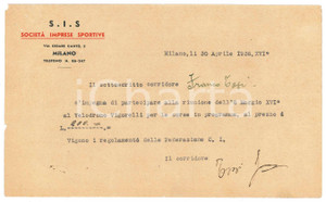Autografo originale 1938 CICLISMO MILANO Franco TOSI conferma gara al Vigorelli  AUTOGRAFO 1