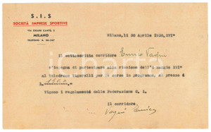 Autografo originale 1938 CICLISMO MILANO Enrico VAGNI conferma gara al Vigorelli  AUTOGRAFO 1