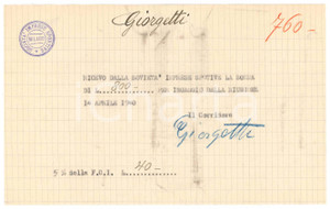 Autografo originale 1940 CICLISMO MILANO Ricevuta Franco GIORGETTI  Ingaggio AUTOGRAFO 1