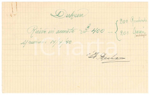 Autografo originale 1940 CICLISMO MILANO Ricevuta Jan DERKSEN  Acconto per gara AUTOGRAFO 1